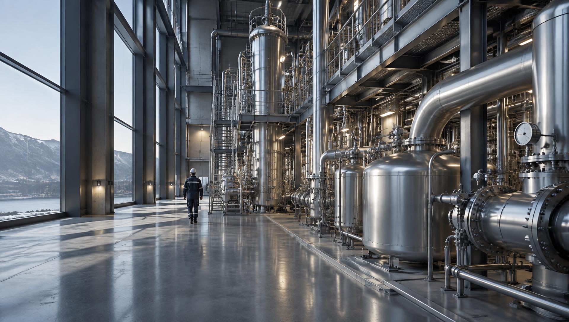 Modern industrial processing facility with stainless steel piping